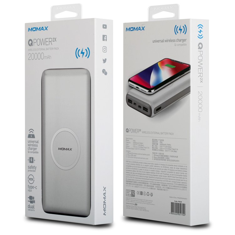 MOMAX Q. Power 2X Wireless-Ladegerät Dual USB Power Bank-Ladegerät Mit Micro / Typ-C Dual-Eingang (keine FOD-Funktion) - Weiß-12