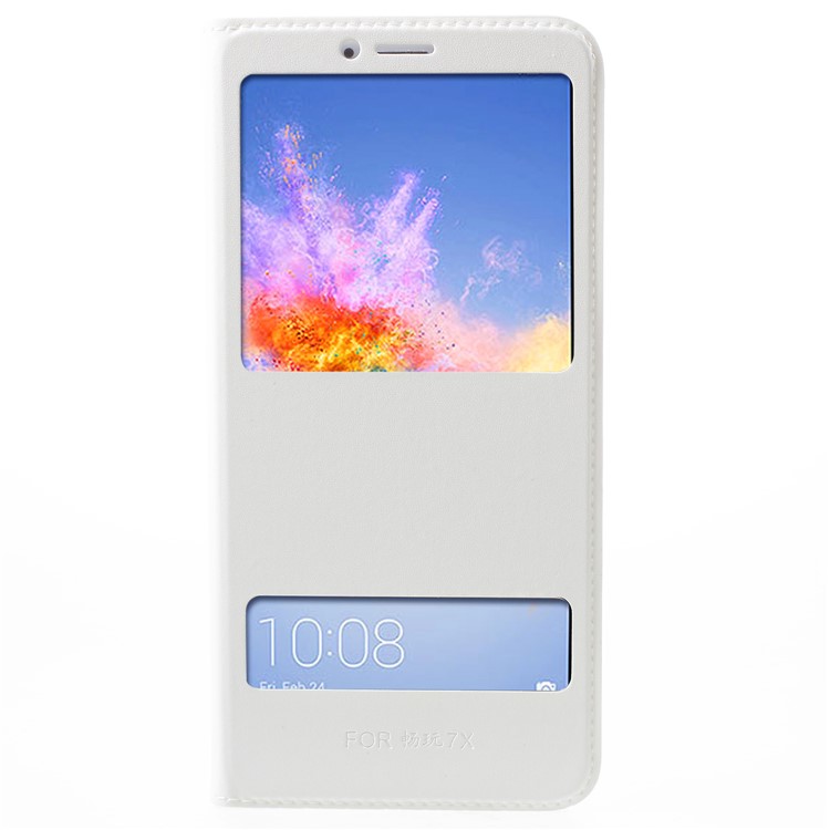 Dual View Window PU Leather Folio Flip Case for Huawei Honor 7X - White-1