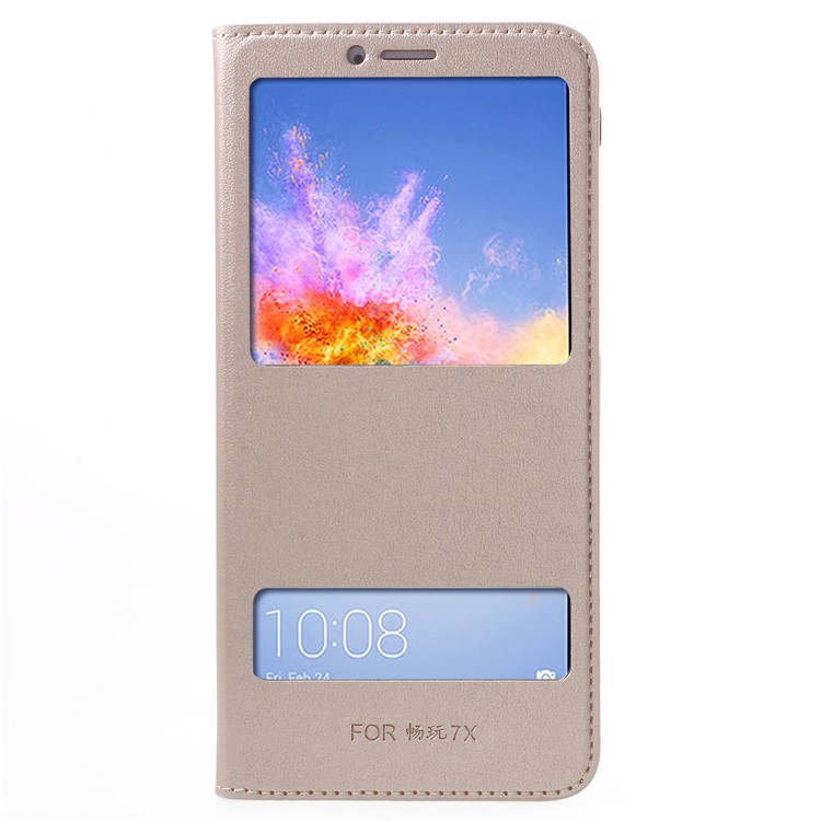 Double View Window PU Leather Flip Cover Case for Huawei Honor 7X - Gold-1