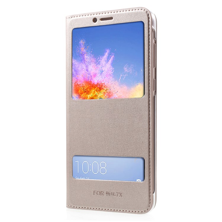 Double View Window PU Leather Flip Cover Case for Huawei Honor 7X - Gold-2