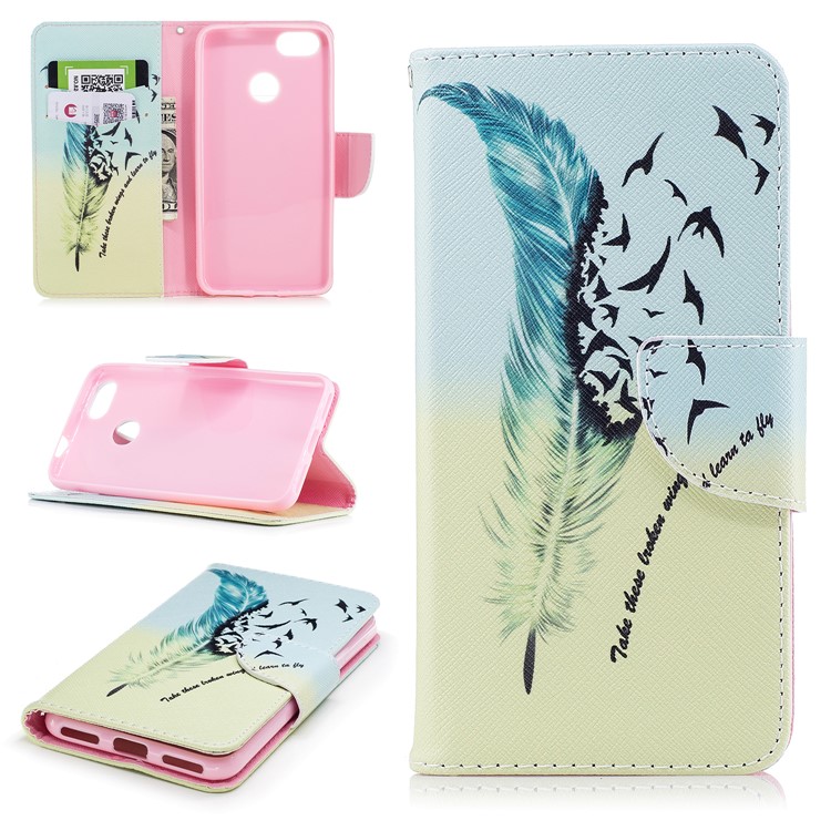 Pattern Printing Wallet Leather Flip Shell for Huawei P9 lite mini / Enjoy 7 / Y6 Pro (2017) - Feather Pattern-1