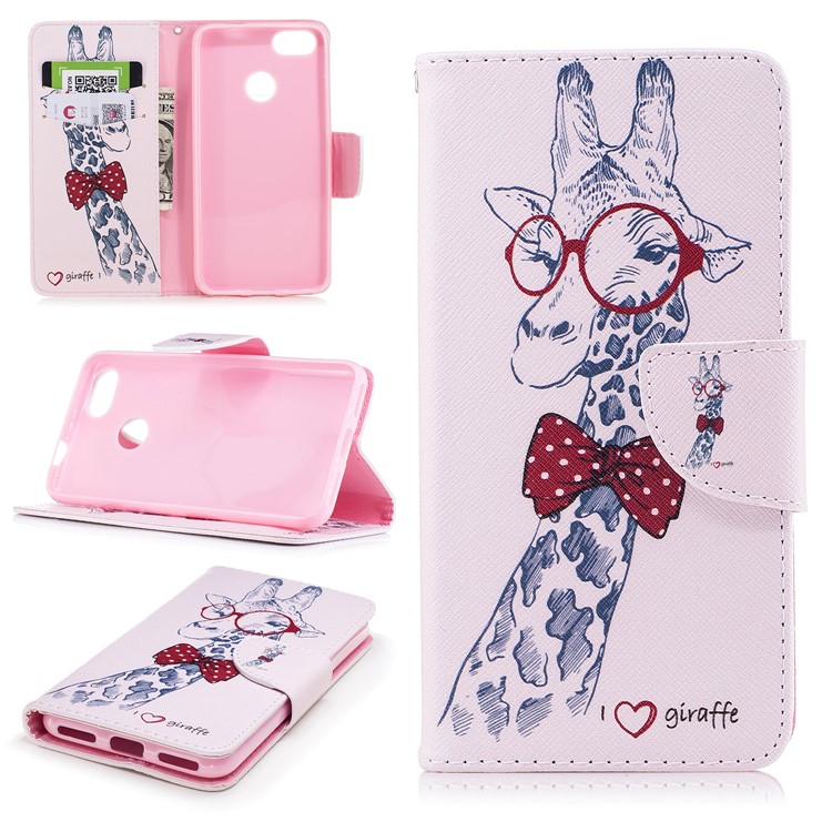Pattern Printing Wallet Leather Flip Mobile Phone Cover for Huawei P9 lite mini / Enjoy 7 / Y6 Pro (2017) - Giraffe Wearing Glasses-1