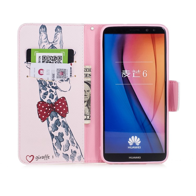 Pattern Printing Wallet Stand Leather Phone Case for Huawei Mate 10 Lite / nova 2i / Maimang 6 / Honor 9i (India) - Adorable Giraffe Wearing Glasses-8