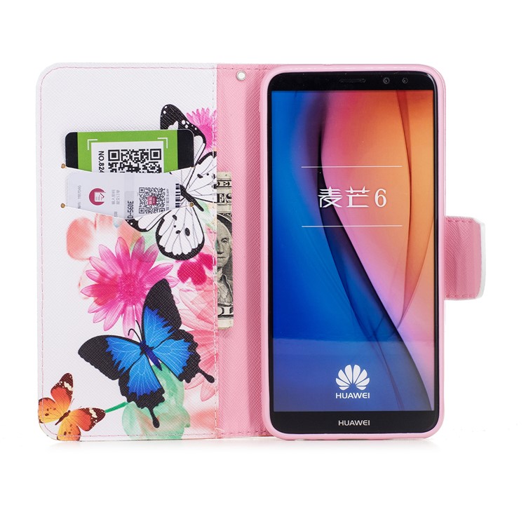 Pattern Printing Wallet Stand Leather Phone Cover for Huawei Mate 10 Lite / nova 2i / Maimang 6 / Honor 9i (India) - Butterfly and Flower-8