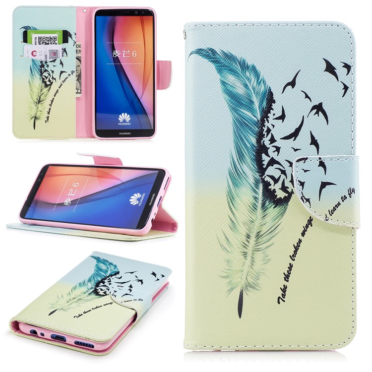 Pattern Printing Wallet Stand Leather Phone Shell for Huawei Mate 10 Lite / nova 2i / Maimang 6 / Honor 9i (India) - Feather and Bird-1