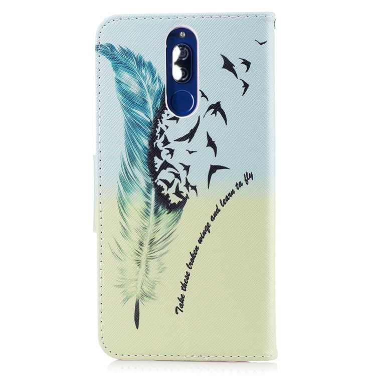 Pattern Printing Wallet Stand Leather Phone Shell for Huawei Mate 10 Lite / nova 2i / Maimang 6 / Honor 9i (India) - Feather and Bird-3