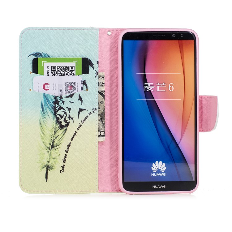 Pattern Printing Wallet Stand Leather Phone Shell for Huawei Mate 10 Lite / nova 2i / Maimang 6 / Honor 9i (India) - Feather and Bird-8