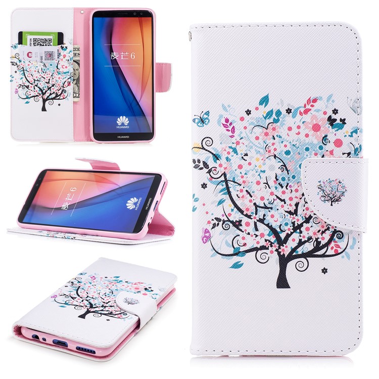 Pattern Printing PU Leather Protective Mobile Case for Huawei Mate 10 Lite / nova 2i / Maimang 6 / Honor 9i (India) - Floret Tree-1
