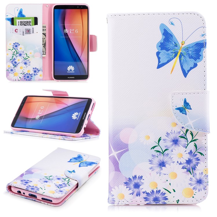 Pattern Printing PU Leather Protective Mobile Cover for Huawei Mate 10 Lite / nova 2i / Maimang 6 / Honor 9i (India) - Blue Butterfly and Daisy-1