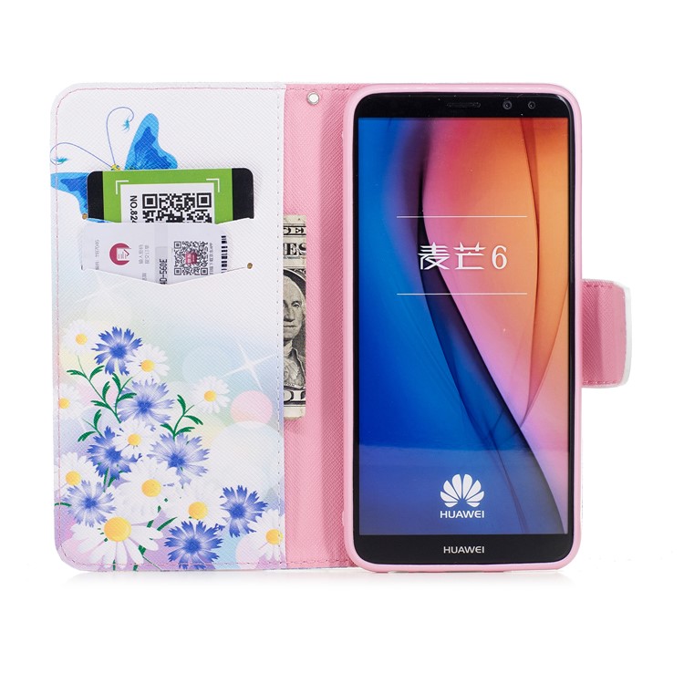 Pattern Printing PU Leather Protective Mobile Cover for Huawei Mate 10 Lite / nova 2i / Maimang 6 / Honor 9i (India) - Blue Butterfly and Daisy-8