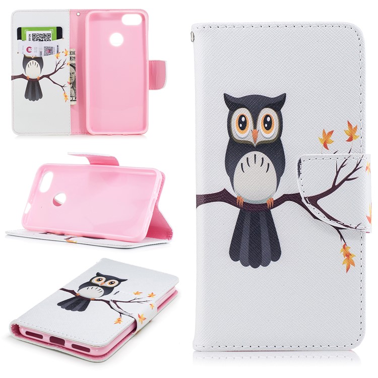 Patterned Wallet Stand Leather Phone Case with Card Slots for Huawei P9 lite mini / Enjoy 7 / Y6 Pro (2017) - Owl-1
