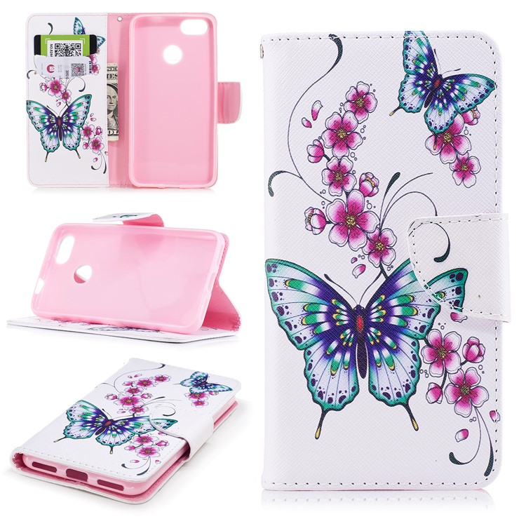 Patterned Wallet Stand Leather Case with Card Slots for Huawei P9 lite mini / Enjoy 7 / Y6 Pro (2017) - Green Butterflies and Red Flowers-1
