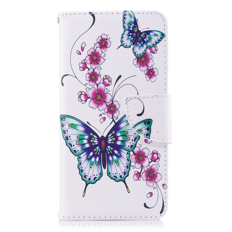 Patterned Wallet Stand Leather Case with Card Slots for Huawei P9 lite mini / Enjoy 7 / Y6 Pro (2017) - Green Butterflies and Red Flowers-2