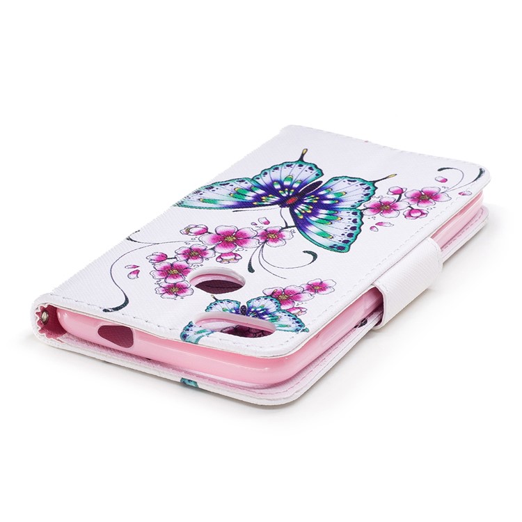 Patterned Wallet Stand Leather Case with Card Slots for Huawei P9 lite mini / Enjoy 7 / Y6 Pro (2017) - Green Butterflies and Red Flowers-7