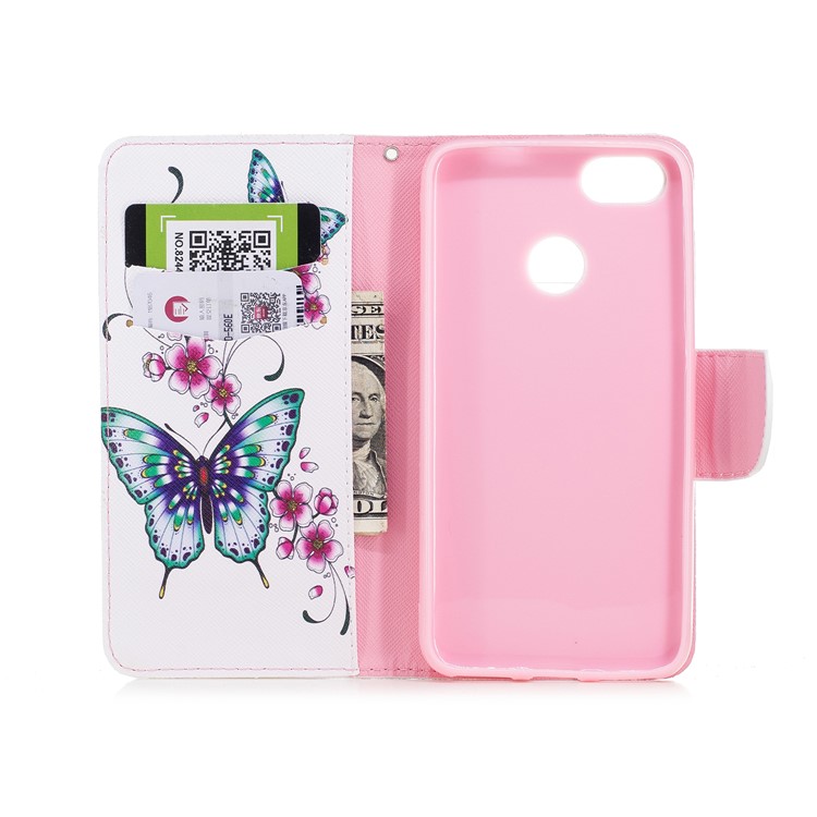 Patterned Wallet Stand Leather Case with Card Slots for Huawei P9 lite mini / Enjoy 7 / Y6 Pro (2017) - Green Butterflies and Red Flowers-8