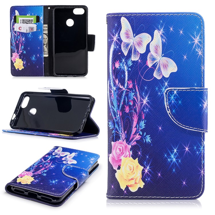 Pattern Printing Magnetic Stand Leather Wallet Casing for Huawei P9 lite mini / Enjoy 7 / Y6 Pro (2017) - Two Butterflies and Flower-1
