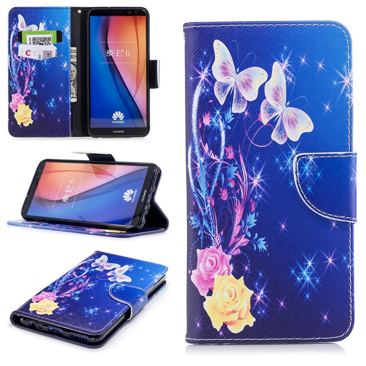 Pattern Printing PU Leather Wallet Stand Cover for Huawei Mate 10 Lite / nova 2i / Maimang 6 / Honor 9i (India) - Roses and Butterflies-1