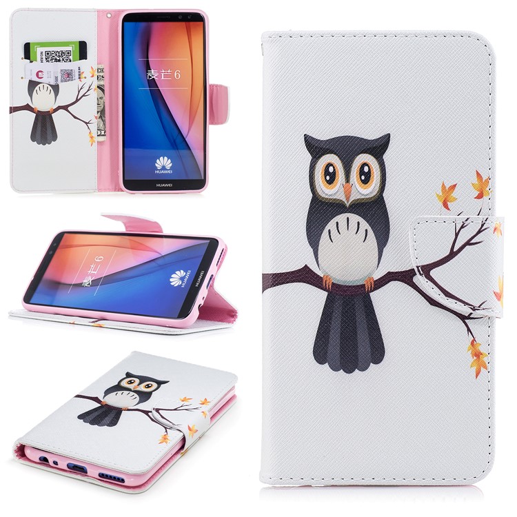 Pattern Printing PU Leather Mobile Phone Case for Huawei Mate 10 Lite / nova 2i / Maimang 6 / Honor 9i (India) - An Owl Standing on Branch-1