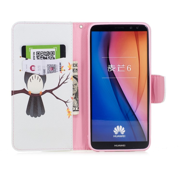 Pattern Printing PU Leather Mobile Phone Case for Huawei Mate 10 Lite / nova 2i / Maimang 6 / Honor 9i (India) - An Owl Standing on Branch-8