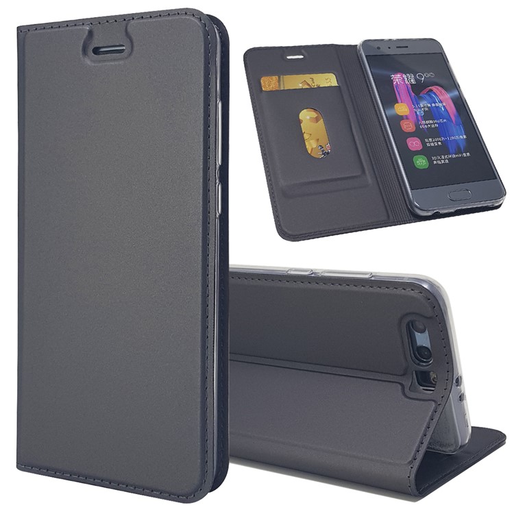 Magnetic Card Holder Leather Stand Case Phone Accessory for Huawei Honor 9 - Black-1