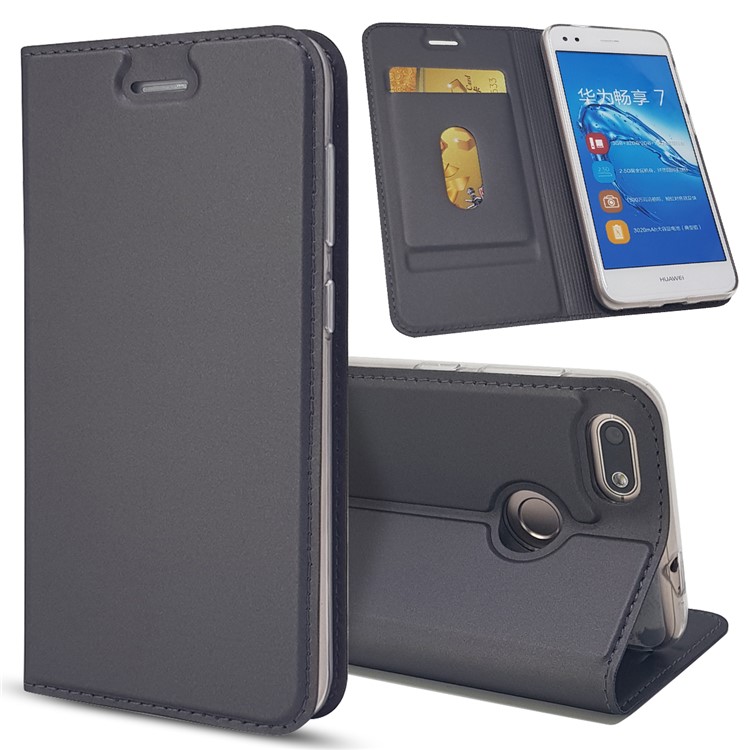 Magnetic Attraction PU Leather Card Holder Stand Case for Huawei Y6 Pro (2017) / Enjoy 7 / P9 lite mini - Black-1