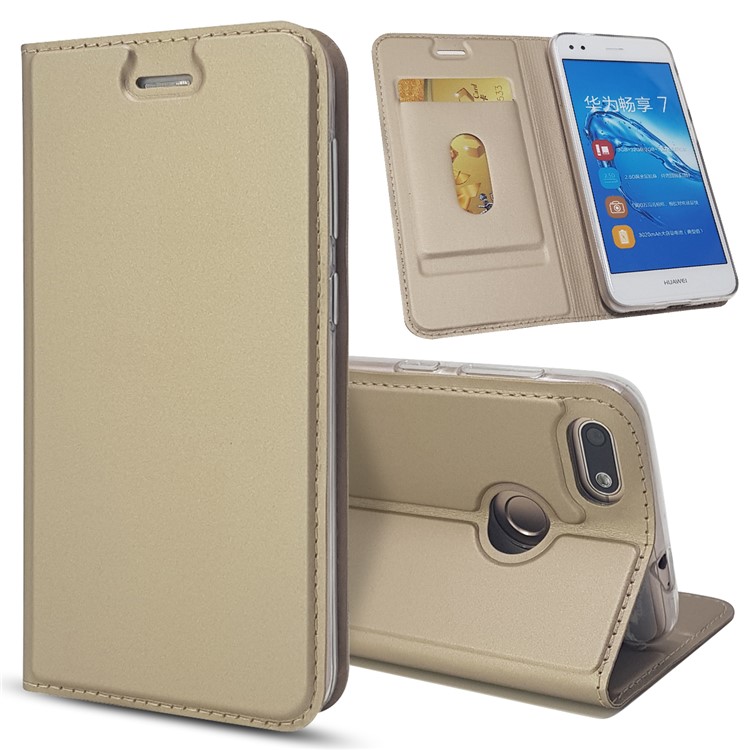 Magnetic Attraction PU Leather Stand Shell with Card Holder for Huawei Y6 Pro (2017) / Enjoy 7 / P9 lite mini - Gold-1