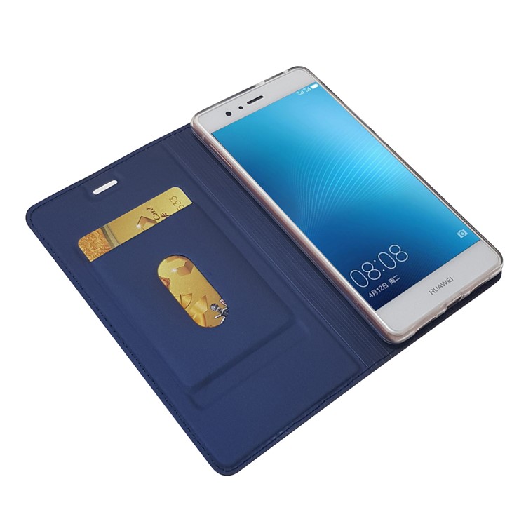 Magnetic Attraction Card Holder Leather Stand Phone Case Accessory for Huawei P9 Lite / G9 Lite - Dark Blue-6