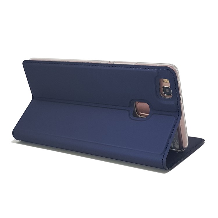 Magnetic Attraction Card Holder Leather Stand Phone Case Accessory for Huawei P9 Lite / G9 Lite - Dark Blue-7