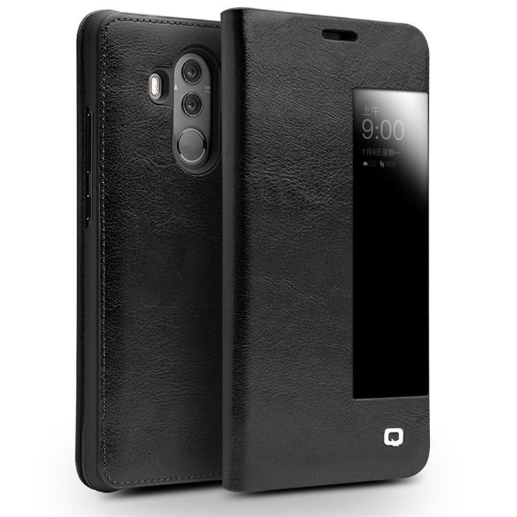 QIALINO Classic Style View Window Cowhide Texture Leather Smart Phone Case for Huawei Mate 10 Pro - Black-1