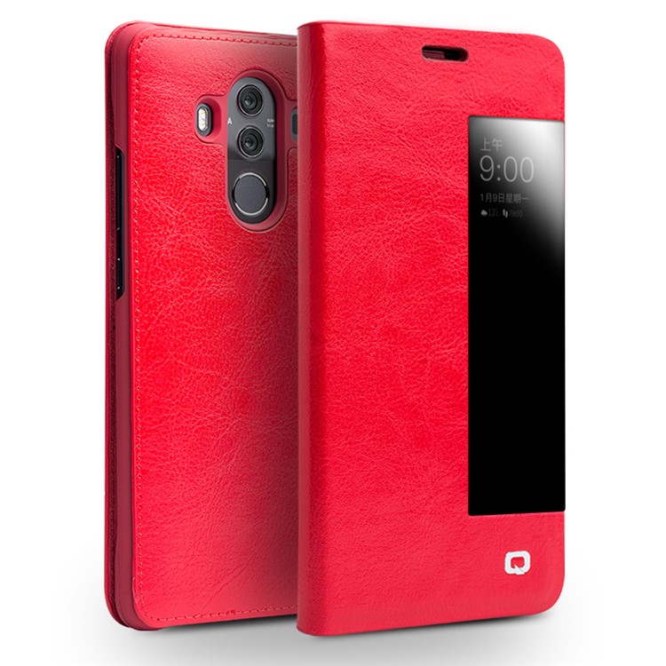QIALINO Classic Style View Window Cowhide Texture Leather Flip Phone Casing for Huawei Mate 10 Pro - Red-1