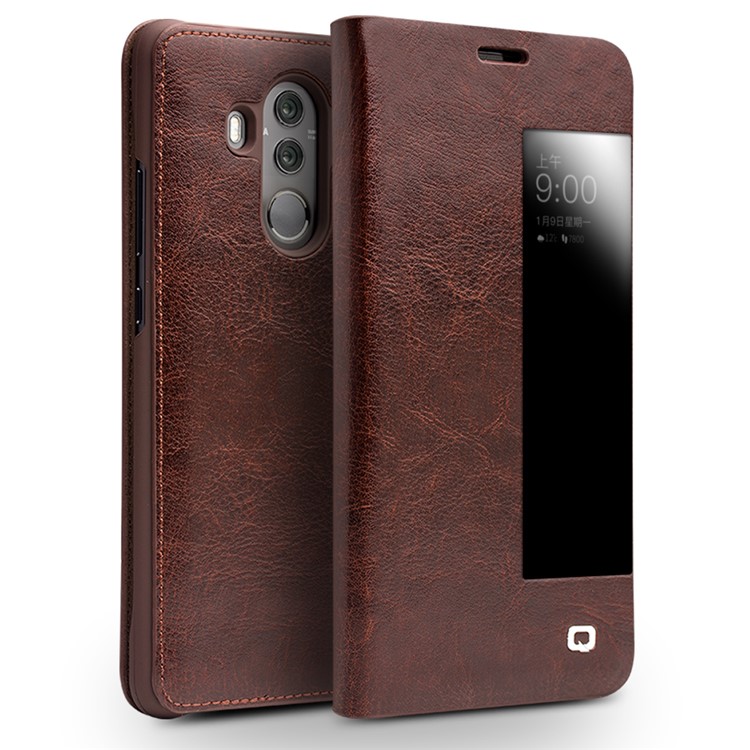 QIALINO Classic Style View Window Cowhide Grain Leather Smart Cell Phone Cover for Huawei Mate 10 Pro - Brown-1