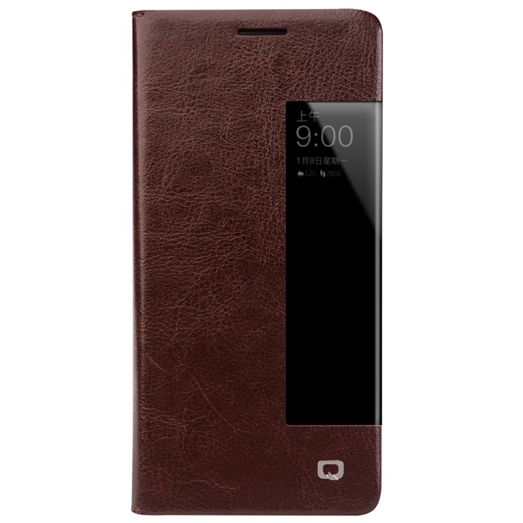 QIALINO Classic Style View Window Cowhide Grain Leather Smart Cell Phone Cover for Huawei Mate 10 Pro - Brown-5