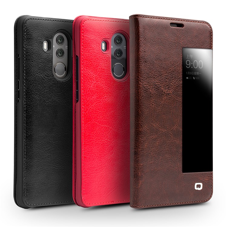 QIALINO Classic Style View Window Cowhide Grain Leather Smart Cell Phone Cover for Huawei Mate 10 Pro - Brown-6