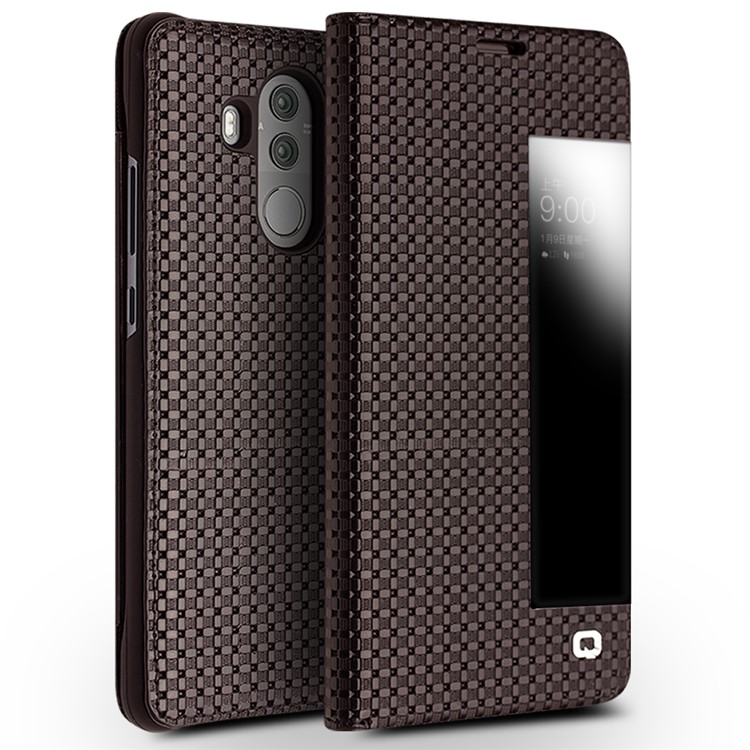QIALINO Grid Texture Genuine Leather View Window Smart Case Cover for Huawei Mate 10 Pro - Brown-1