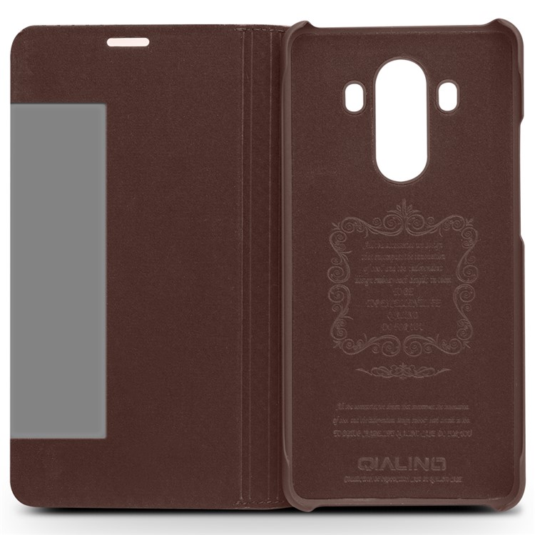 QIALINO Grid Texture Genuine Leather View Window Smart Case Cover for Huawei Mate 10 Pro - Brown-3