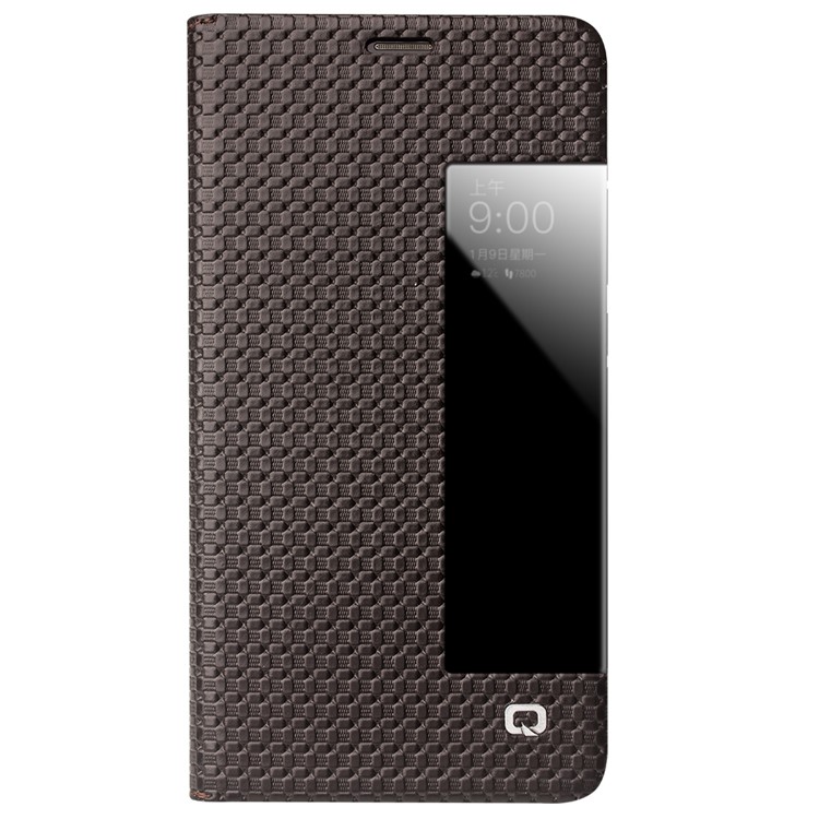 QIALINO Grid Texture Genuine Leather View Window Smart Case Cover for Huawei Mate 10 Pro - Brown-4