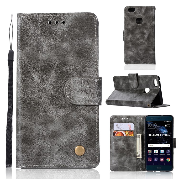 For Huawei P10 Lite Premium Vintage PU Leather Wallet Stand Mobile Case with Wrist Strap - Grey-1