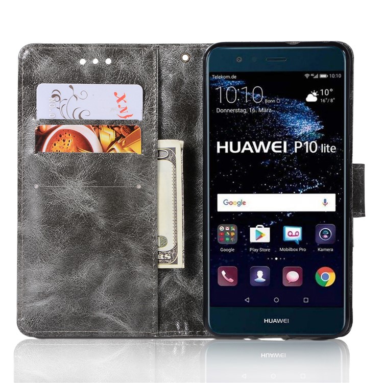 For Huawei P10 Lite Premium Vintage PU Leather Wallet Stand Mobile Case with Wrist Strap - Grey-4