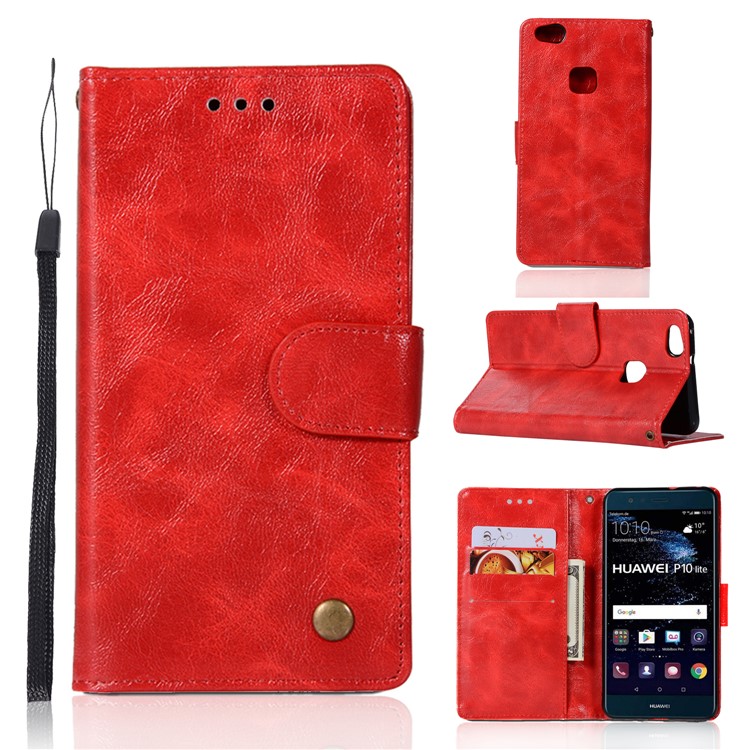 Premium Vintage PU Leather Wallet Stand Cover for Huawei P10 Lite - Red-1