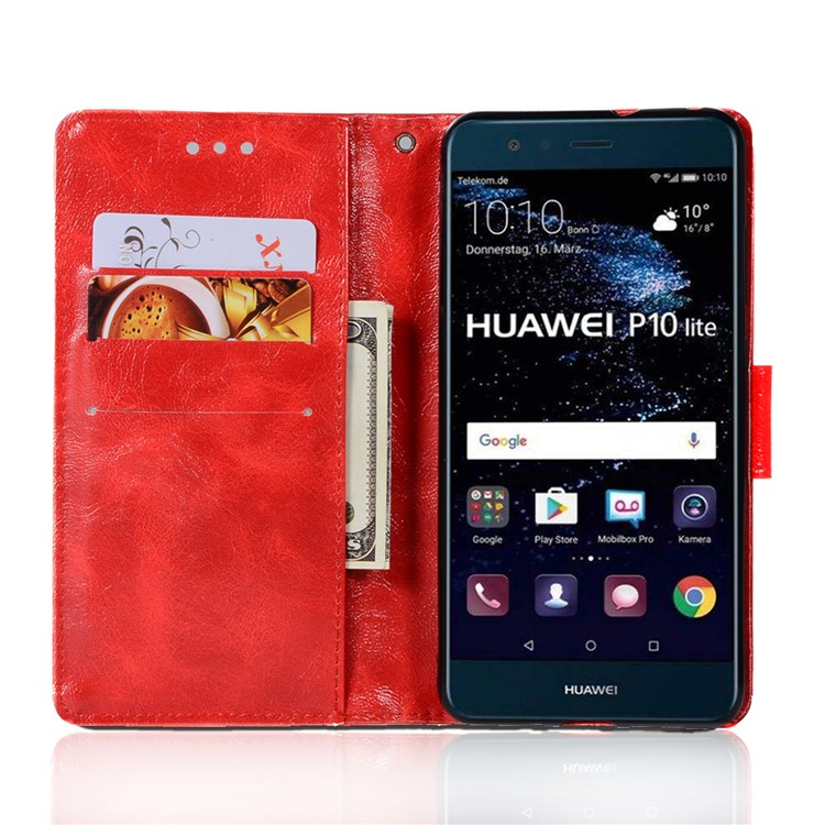 Premium Vintage PU Leather Wallet Stand Cover for Huawei P10 Lite - Red-4