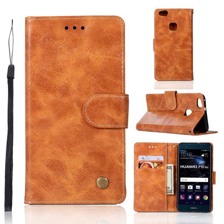 Premium Vintage PU Leather Wallet Mobile Phone Shell for Huawei P10 Lite - Brown-1
