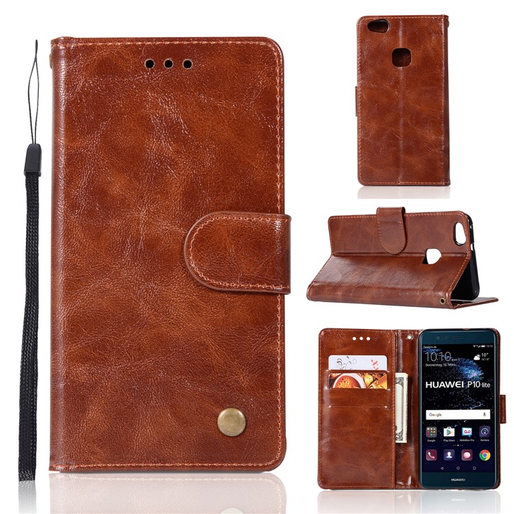 Premium Vintage PU Leather Wallet Stand Mobile Cover Shell for Huawei P10 Lite - Coffee-1