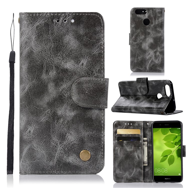 Premium Vintage PU Leather Wallet Casing with Stand for Huawei Honor 7X - Grey-1
