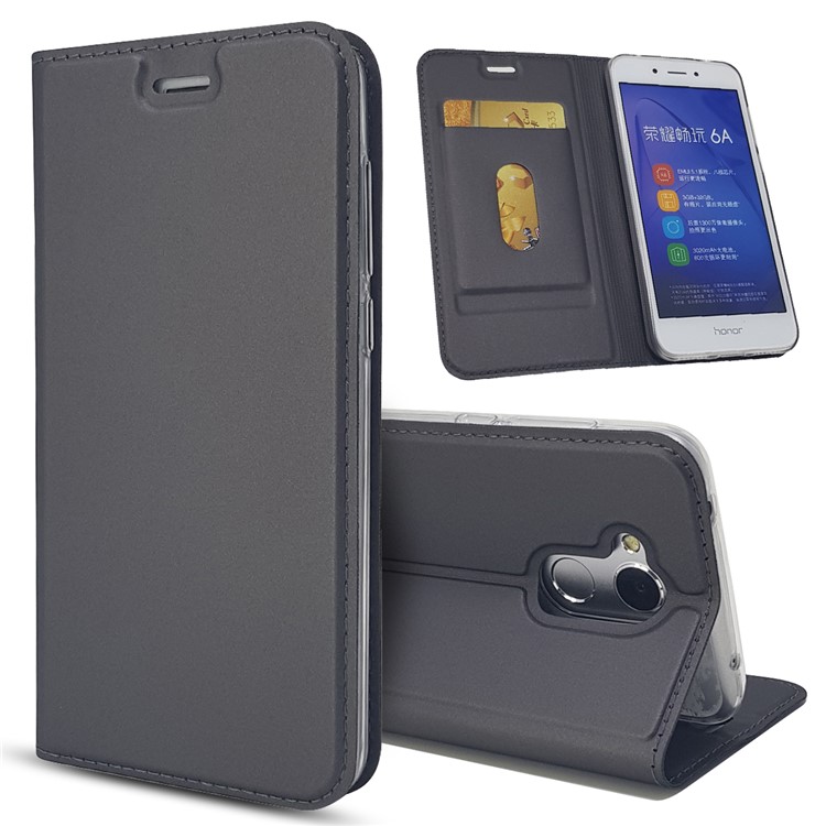Auto-absorbed Magnetic Leather Card Holder Stand Case for Huawei Honor 6A / Honor 5C pro - Black-1