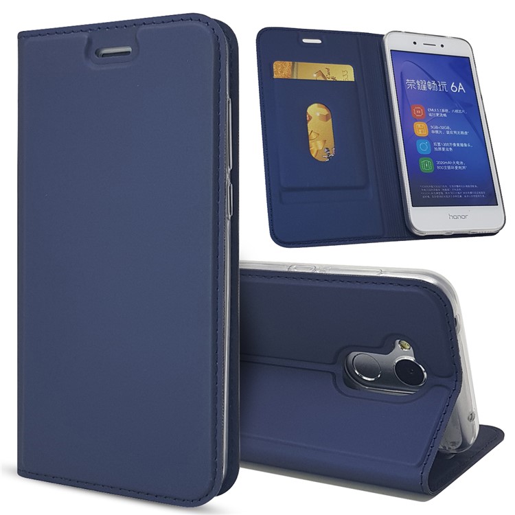 Auto-absorbed Magnetic Leather Card Holder Flip Case for Huawei Honor 6A / Honor 5C pro - Blue-1