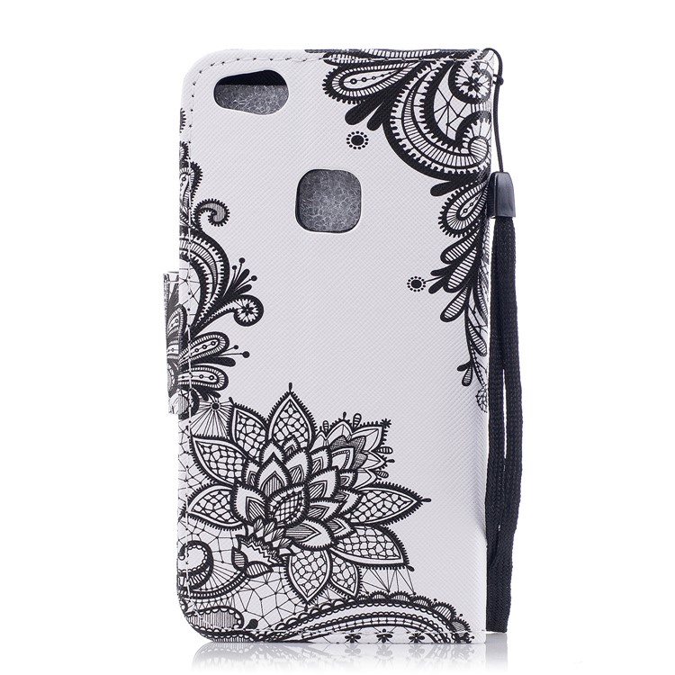 Carteira De Impressão Padrão Capa De Couro Para Huawei P10 Lite - Flor Negra-2