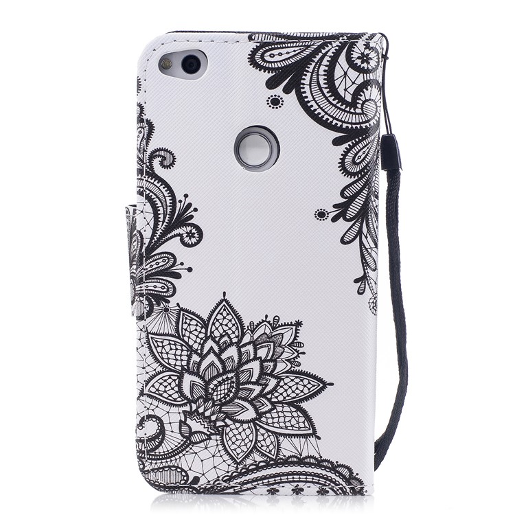 Pattern Printing Leather Wallet Cover for Huawei P8 Lite (2017) / Honor 8 Lite - Black Flower-2