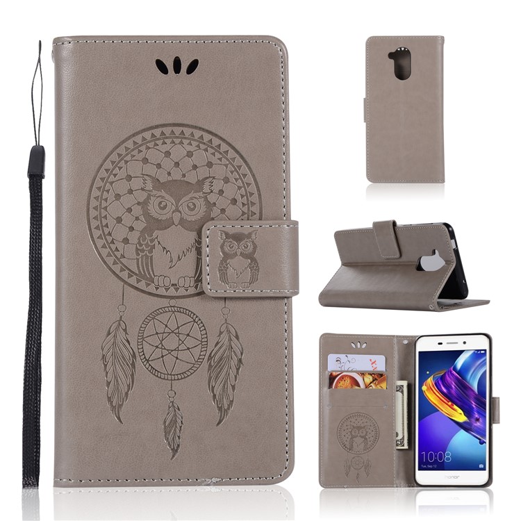 Imprinted Dream Catcher Owl Leather Wallet Cover for Huawei Enjoy 6s / Honor 6C - Grey-1