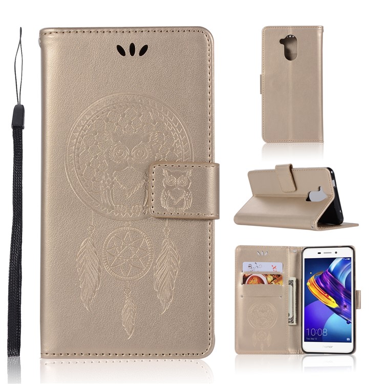 Imprinted Dream Catcher Owl Wallet Leather Stand Cover for Huawei Enjoy 6s / Honor 6C - Gold-1
