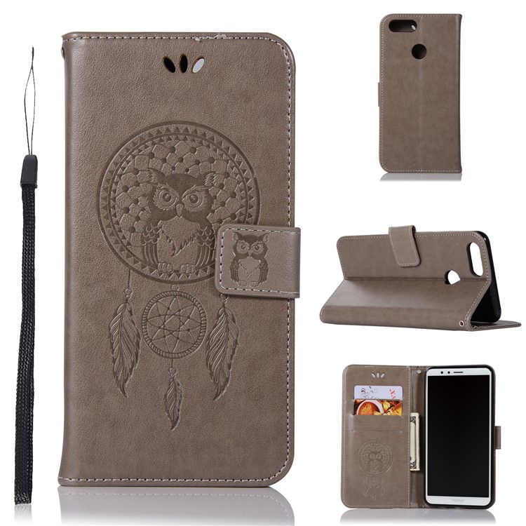 For Huawei Honor 7X Imprint Owl Dream Catcher Pattern Leather Wallet Casing - Grey-1